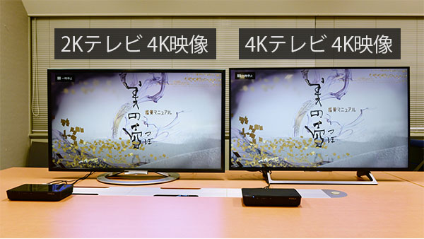 4Kチューナーを2Kテレビに繋いで比較しているイメージ